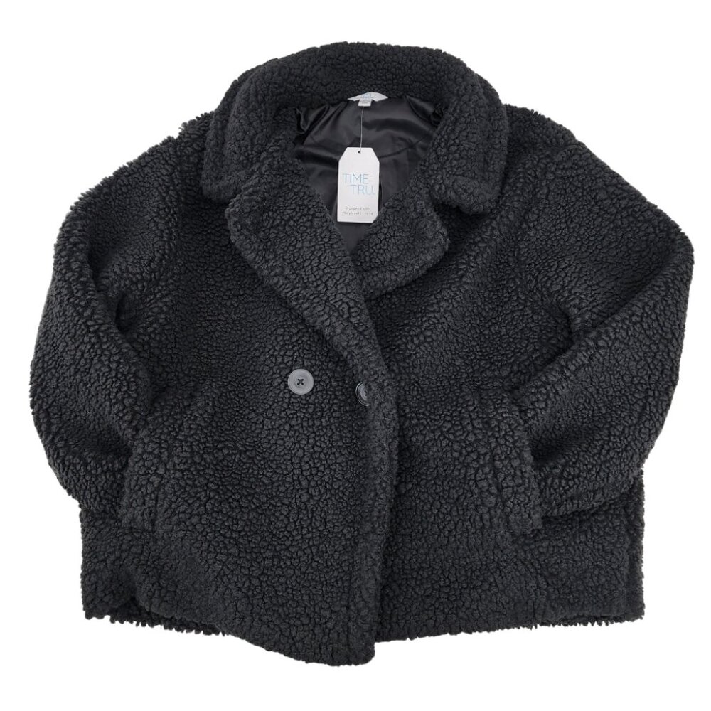 New Time and Tru Womens XL Teddy Faux Shearling Black Popcorn Fleece Jacket Coat - Picture 2 of 16